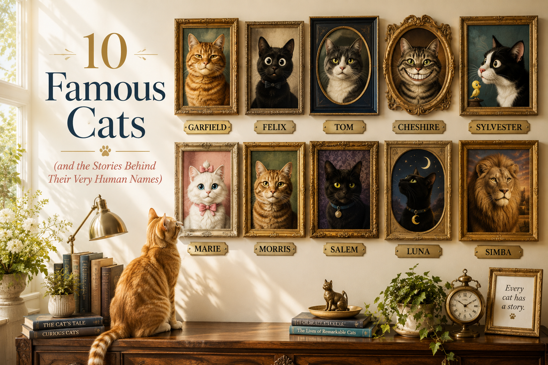 Bright gallery wall featuring framed portraits of 10 famous cats, including Garfield, Felix, Tom, Sylvester, Salem, Luna and Simba, with an orange tabby looking up at them.