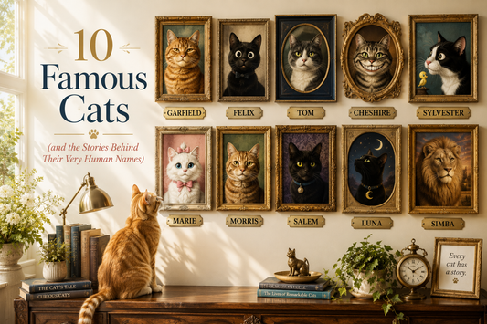 Bright gallery wall featuring framed portraits of 10 famous cats, including Garfield, Felix, Tom, Sylvester, Salem, Luna and Simba, with an orange tabby looking up at them.