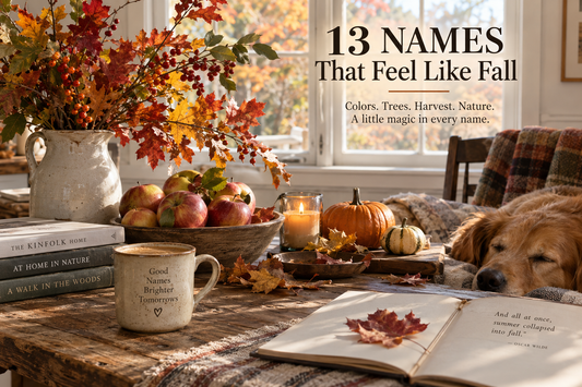 Cozy autumn scene with apples, pumpkins, colorful fall leaves and a golden retriever, featuring “13 Names That Feel Like Fall.”