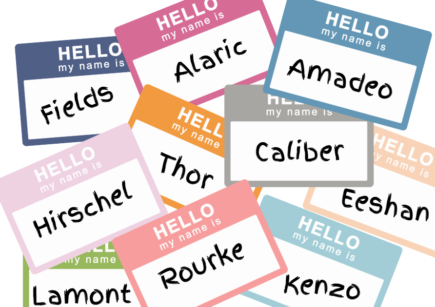 Collage of colorful “Hello my name is” tags featuring rare names including Alaric, Amadeo, Caliber, Eeshan, Kenzo, Rourke, Thor, Fields, Hirschel, and Lamont.