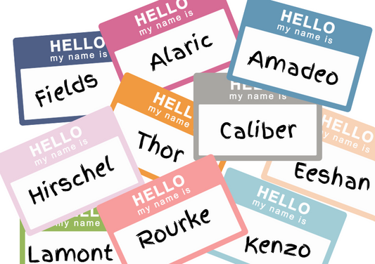 Collage of colorful “Hello my name is” tags featuring rare names including Alaric, Amadeo, Caliber, Eeshan, Kenzo, Rourke, Thor, Fields, Hirschel, and Lamont.