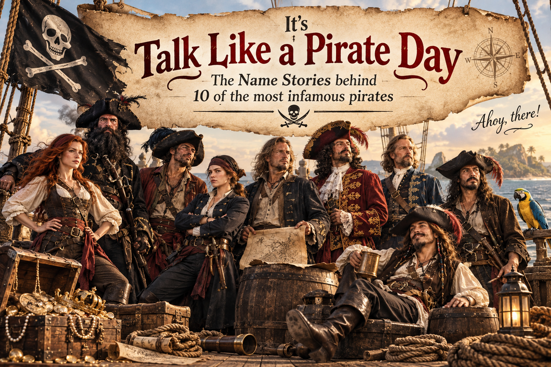 Ten legendary pirates gathered aboard a sailing ship for Talk Like a Pirate Day, celebrating the surprising name stories behind famous pirates.