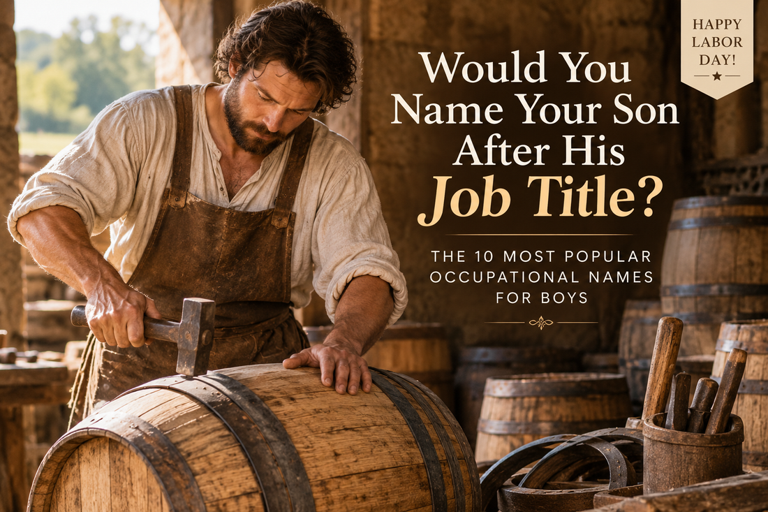 A traditional cooper crafts a wooden barrel in a rustic workshop, illustrating occupational surnames turned popular boys’ names for Labor Day.