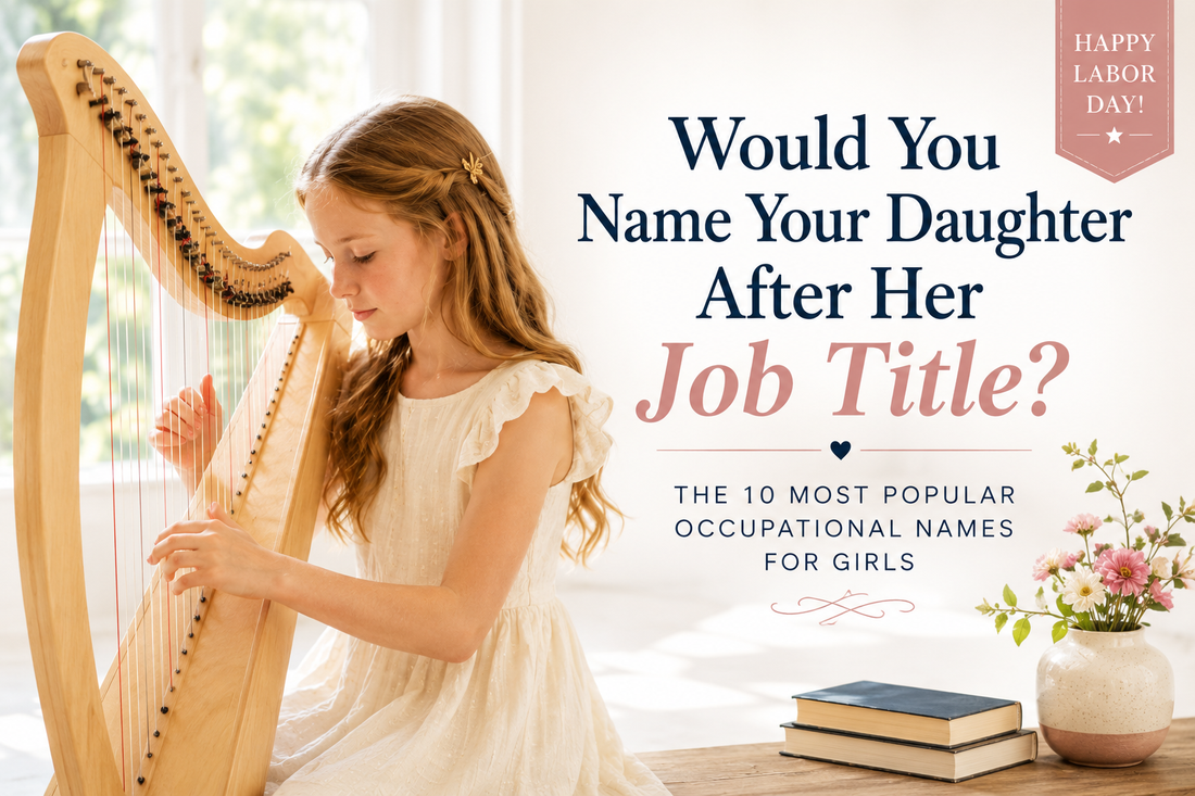 A young girl plays a wooden harp, illustrating Harper and other occupational names for girls in a Labor Day baby-name countdown.