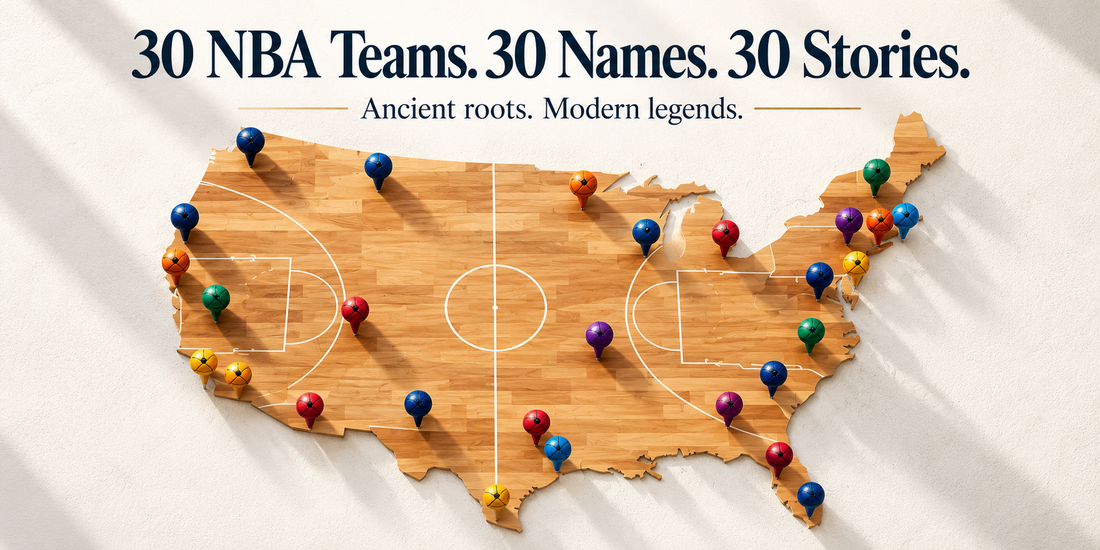 Illustrated map of the United States designed as a basketball court, with colorful pins representing NBA teams and the headline “30 NBA Teams. 30 Names. 30 Stories.”