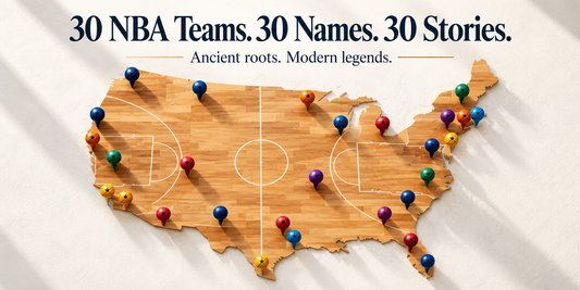 Illustrated map of the United States designed as a basketball court, with colorful pins representing NBA teams and the headline “30 NBA Teams. 30 Names. 30 Stories.”