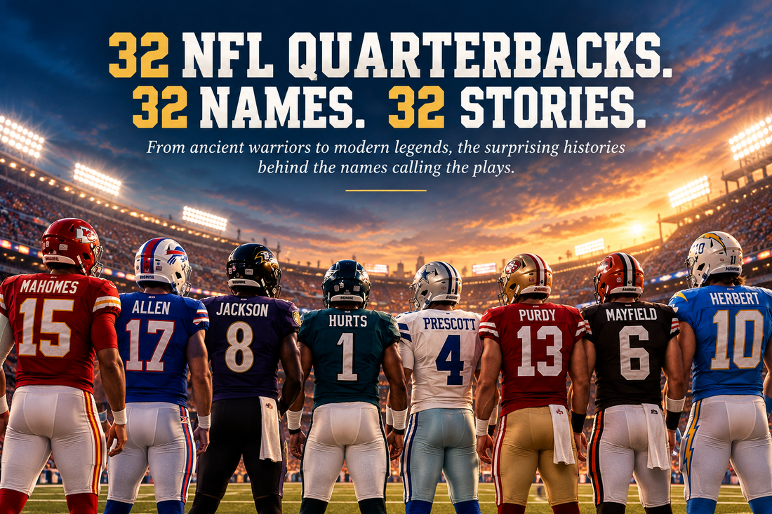 Eight NFL quarterbacks, including Patrick Mahomes, Josh Allen, Lamar Jackson, and Jalen Hurts, pictured from behind in team uniforms beneath the headline “32 NFL Quarterbacks. 32 Names. 32 Stories.”