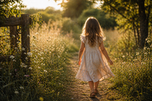 Young girl in a flowing dress walking away along a sunlit meadow path, evoking a soft, natural, and timeless feel