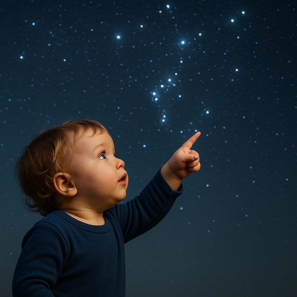 Toddler in navy pajamas pointing toward the Orion constellation in a glowing night sky, capturing a sense of wonder, curiosity, and celestial imagination.