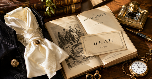 Vintage still life inspired by the name Beau, featuring a white Regency cravat, Beau Geste book, pocket watch and elegant gentleman’s accessories.