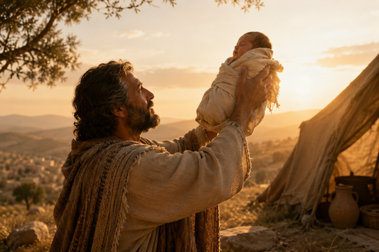 A father gently lifts his newborn son into the golden morning light, symbolizing hope, strength, blessing, and the biblical meaning behind the name Benjamin.