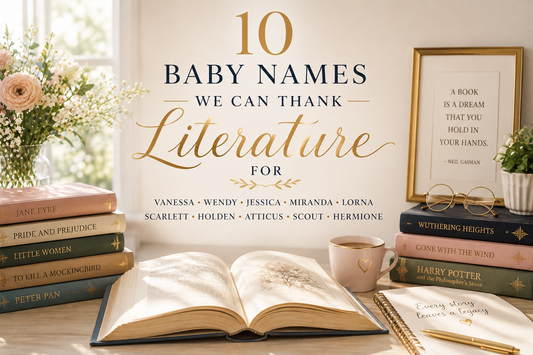 Open book surrounded by classic novels illustrating "10 Baby Names We Can Thank Literature For," featuring literary-inspired names including Vanessa, Wendy, Jessica, Miranda, Lorna, Scarlett, Holden, Atticus, Scout, and Hermione.