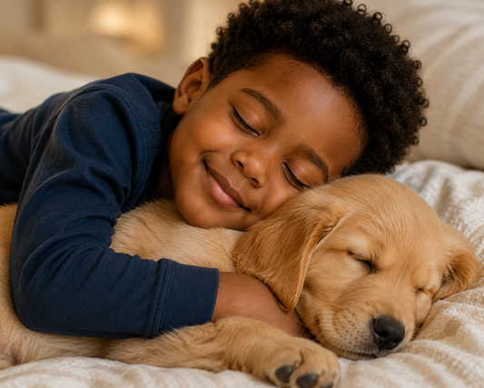 Smiling young Black boy cuddling a sleeping Golden Retriever puppy, symbolizing the loyalty, courage, and whole-hearted spirit behind the name Caleb.