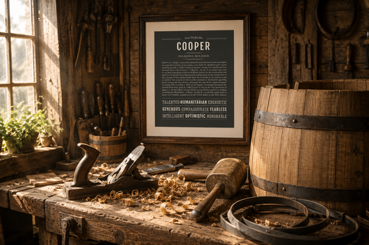 A framed Cooper Name Stories print hangs in a sunlit medieval cooper's workshop, surrounded by handcrafted barrels, woodworking tools, and curled oak shavings that honor the centuries-old craft behind the name.