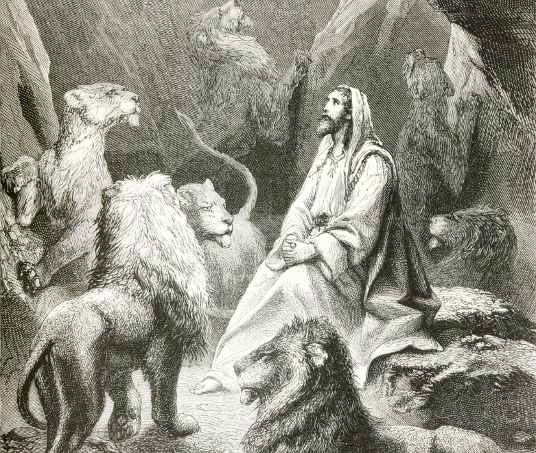 Daniel in the lions’ den, seated calmly among lions after being cast into the pit, an illustration from the Hebrew Bible story