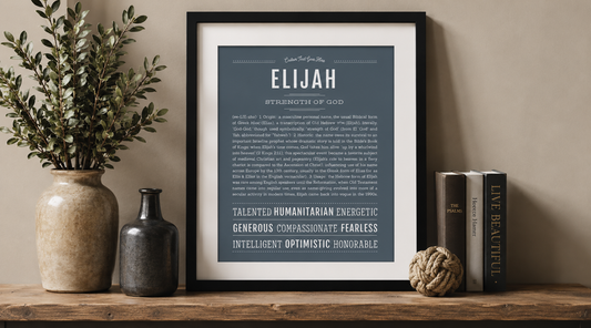 Framed Elijah name meaning art print on a rustic wooden shelf with olive branches and ceramic vessels — Name Stories® original name print made to order in the U.S.A.