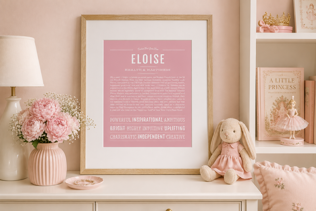 Framed Eloise name meaning art print in a pink girls nursery setting — NameStories® original name print made to order in the U.S.A.