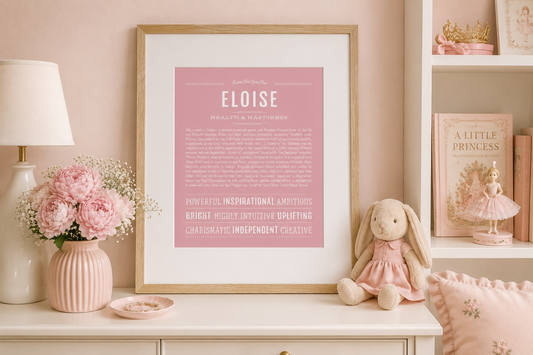 Framed Eloise name meaning art print in a pink girls nursery setting — NameStories® original name print made to order in the U.S.A.