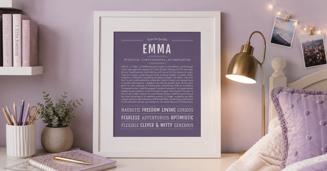 Framed Emma Name Stories® print displayed in a stylish tween girl's bedroom