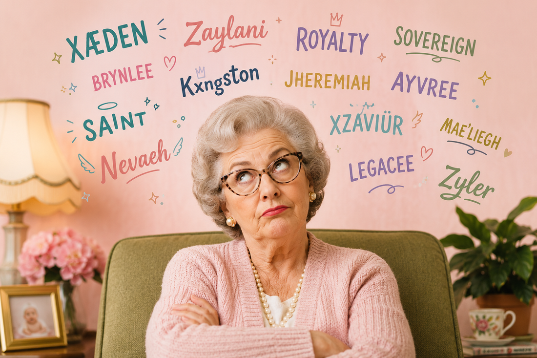 Eye-rolling grandmother surrounded by unusual baby names and creative spellings, illustrating the humorous clash between traditional and modern baby name trends.