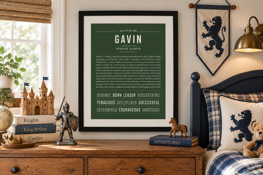 Gavin Name Stories® art print in a bright boys’ bedroom decorated with a medieval knight, castle and King Arthur-inspired details.