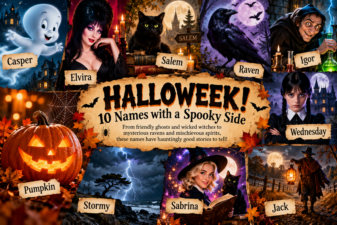 Colorful Halloween collage featuring 10 spooky names: Casper, Elvira, Salem, Raven, Igor, Wednesday, Pumpkin, Stormy, Sabrina, and Jack, surrounded by ghosts, witches, black cats, bats, and glowing jack-o'-lanterns.