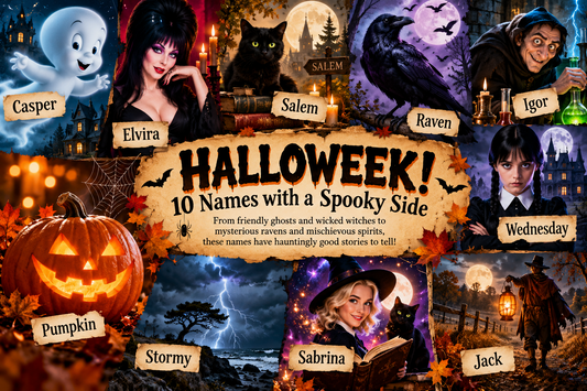 Colorful Halloween collage featuring 10 spooky names: Casper, Elvira, Salem, Raven, Igor, Wednesday, Pumpkin, Stormy, Sabrina, and Jack, surrounded by ghosts, witches, black cats, bats, and glowing jack-o'-lanterns.
