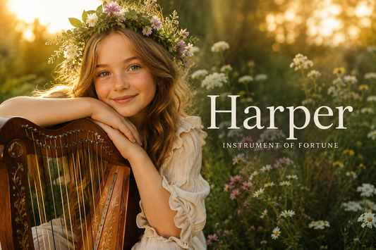 Medieval Celtic girl hanging over a beautiful old harp, illustrating the ancient storytelling heritage of the name Harper.