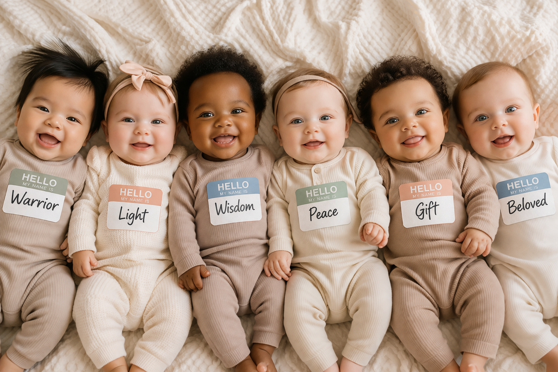 Line-up of babies with name tags