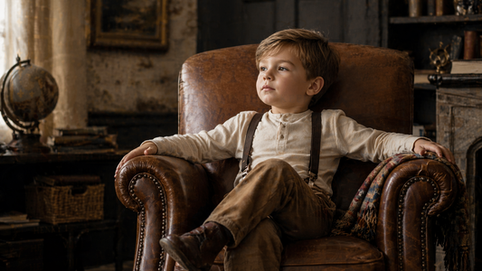 Young boy seated in a vintage leather armchair surrounded by books and a globe — representing the name Henry, meaning ruler of the home