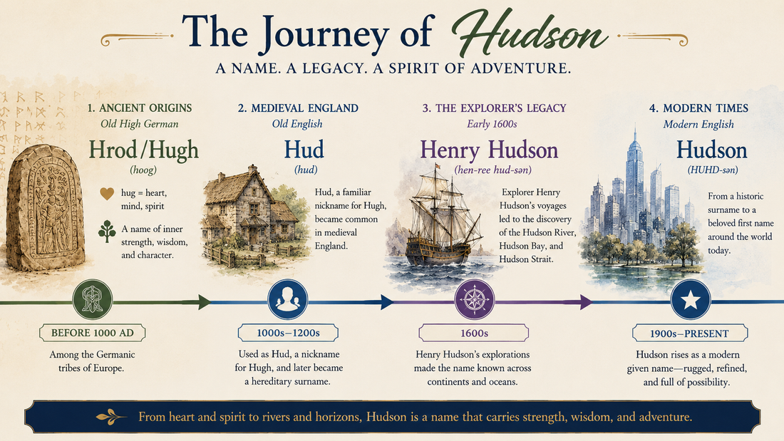 Historical timeline infographic illustrating the origin and evolution of the name Hudson.