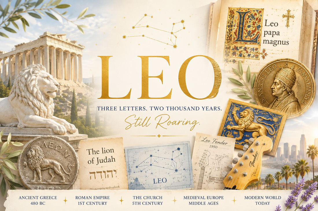 Bright illustrated collage celebrating the name Leo, featuring more than 2,000 years of the name’s history.