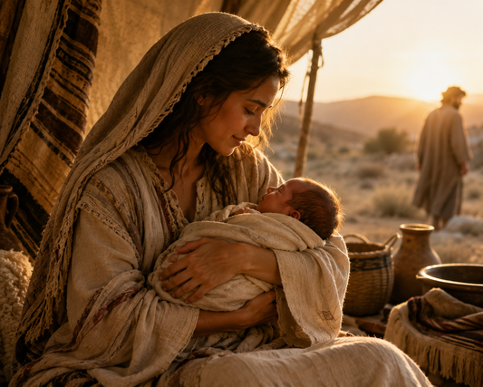 Artistic biblical scene of a mother holding her newborn at sunrise, illustrating the Hebrew name Levi and its meaning of joined, attached, and united.