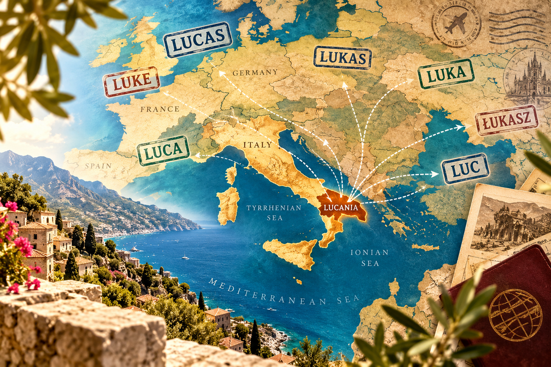 Map of ancient Lucania in southern Italy illustrating the origin and journey of the name Lucas.