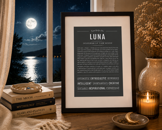 Framed Luna Name Stories print displayed beside a moonlit window, with a glowing full moon over the water, celestial books, candlelight, and cozy neutral décor.