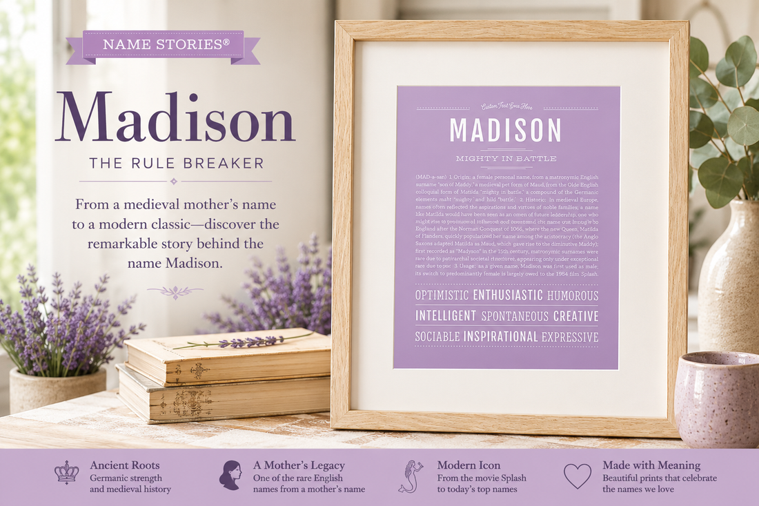 Madison Name Stories® personalized name meaning art print in a styled home setting, featuring the origin, meaning, and history of the name Madison.