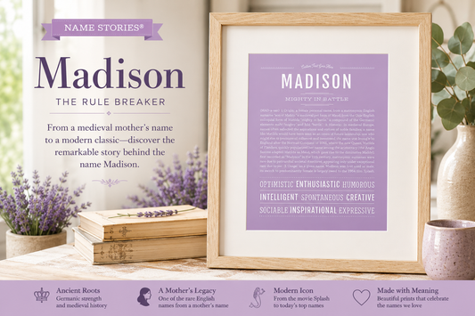 Madison Name Stories® personalized name meaning art print in a styled home setting, featuring the origin, meaning, and history of the name Madison.
