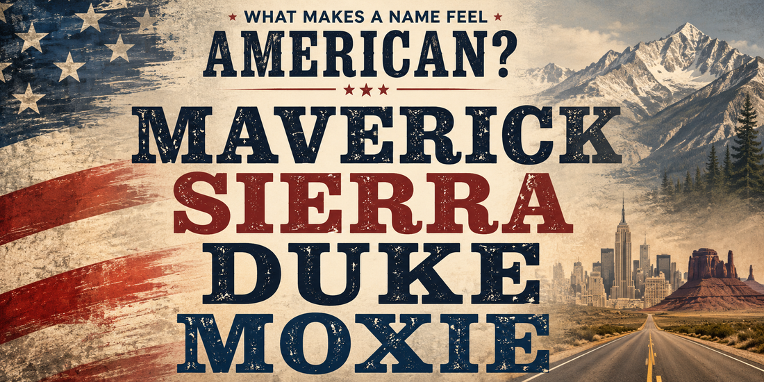 Americana-themed blog hero image featuring the names Maverick, Sierra, Duke, and Moxie over mountains, highway, skyline, and vintage flag textures.