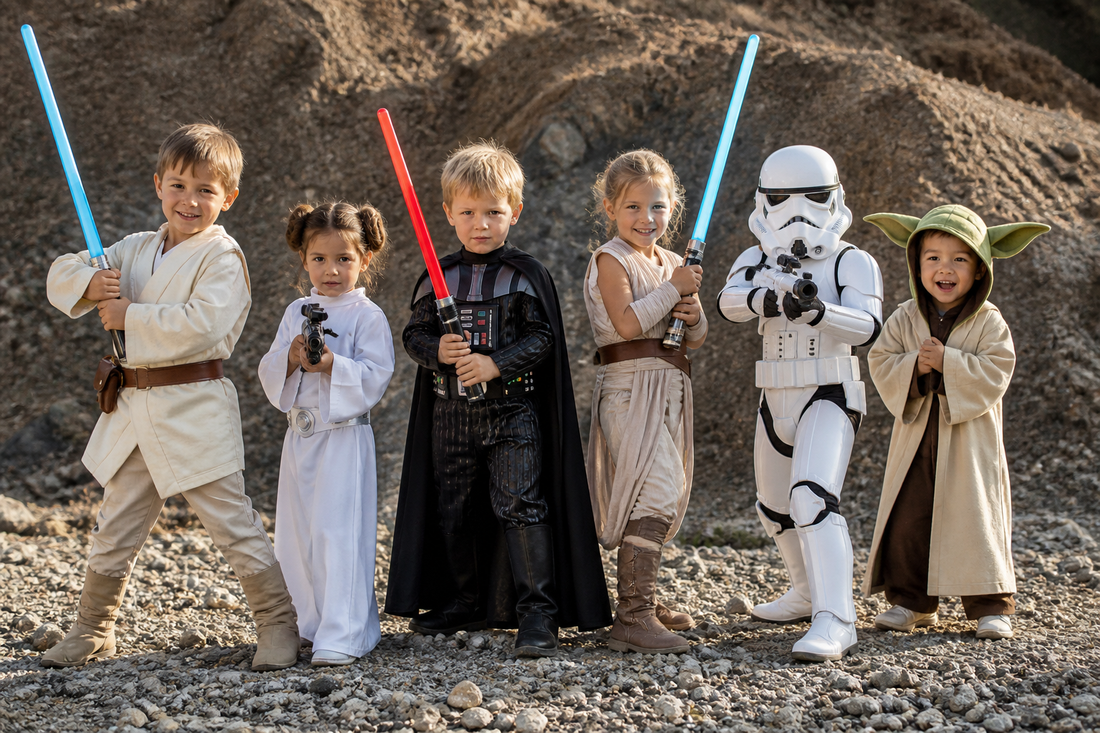 Children dressed in Star Wars-inspired costumes posing outdoors with toy lightsabers, including Jedi, princess, and stormtrooper outfits.