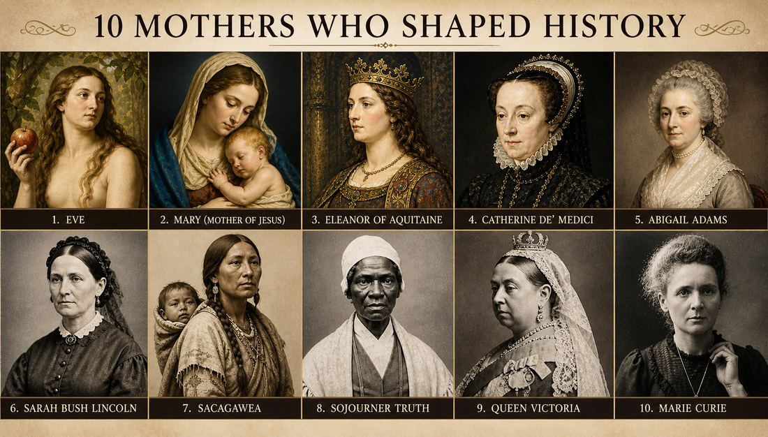 Illustrated collage of notable mothers in history, including Sacagawea, Sojourner Truth, Queen Victoria, and Marie Curie