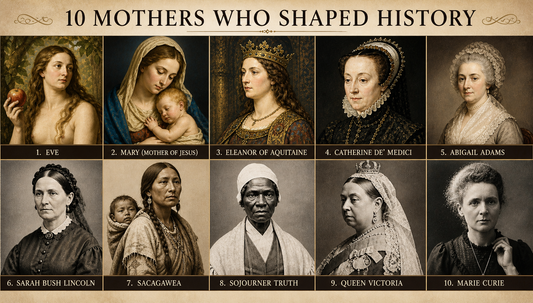 Illustrated collage of notable mothers in history, including Sacagawea, Sojourner Truth, Queen Victoria, and Marie Curie