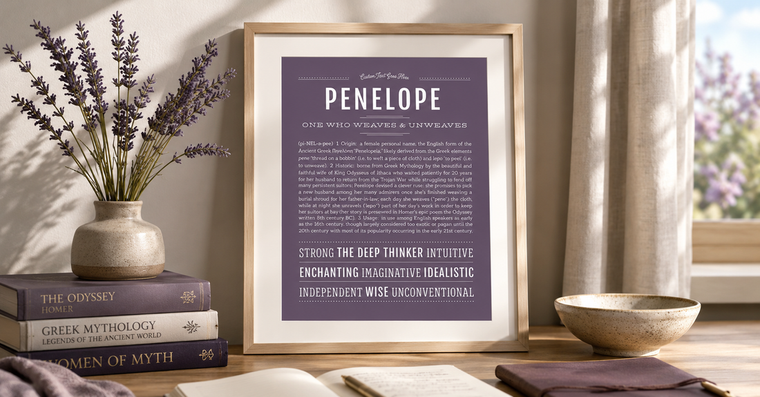 Framed Penelope name meaning art print in a warm, sunlit home office with Greek mythology books and lavender, illustrating the timeless Greek name Penelope.