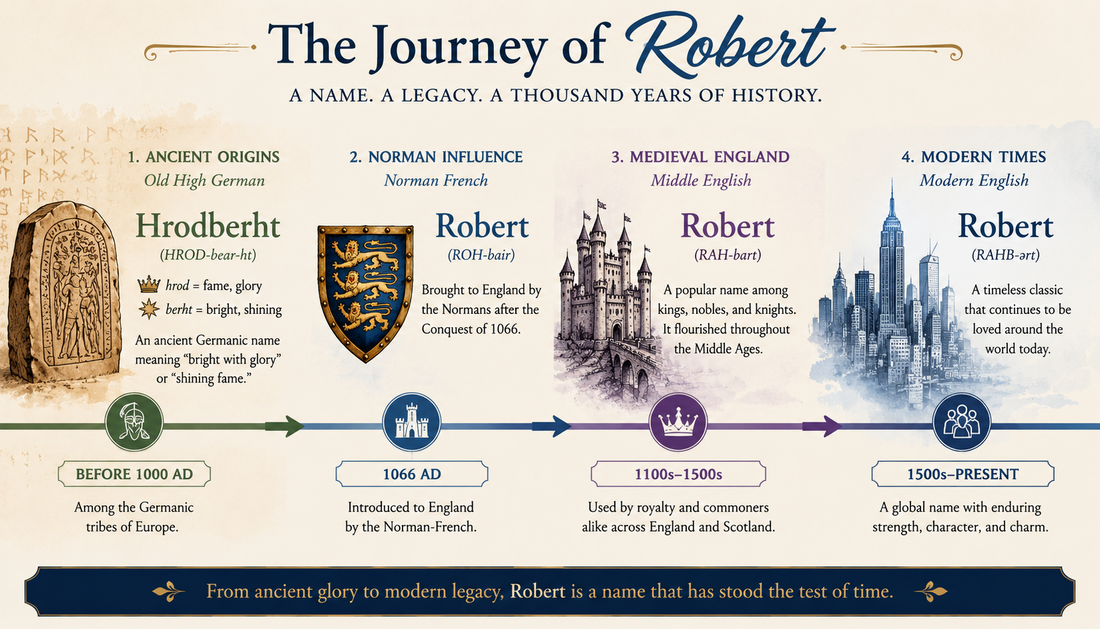 Historical timeline graphic tracing the evolution of the name Robert from the Germanic Hrodberht to modern English Robert through Norman and medieval history.