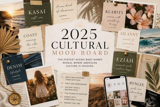 2025 Cultural Mood Board collage featuring the year’s biggest baby name trends.