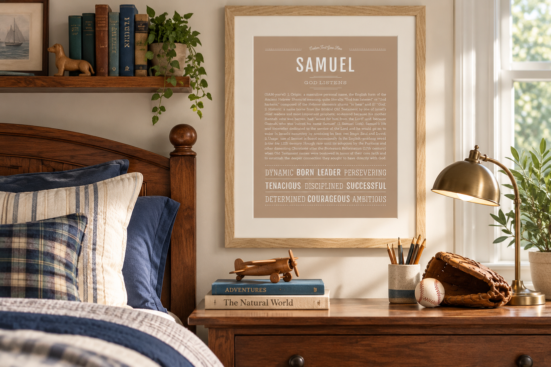 Framed Samuel Name Stories print in a warm, classic boy’s bedroom with navy bedding, books and baseball decor.