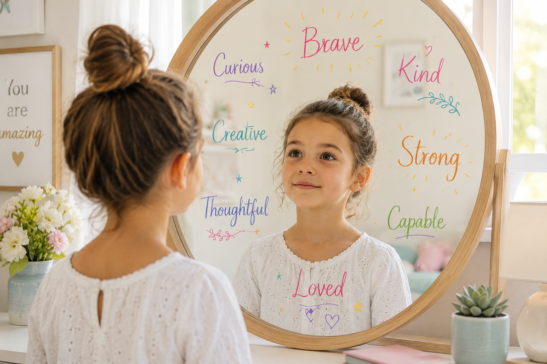 Young girl looking into a mirror with positive affirmations reflecting themes of self-esteem, identity, and confidence.