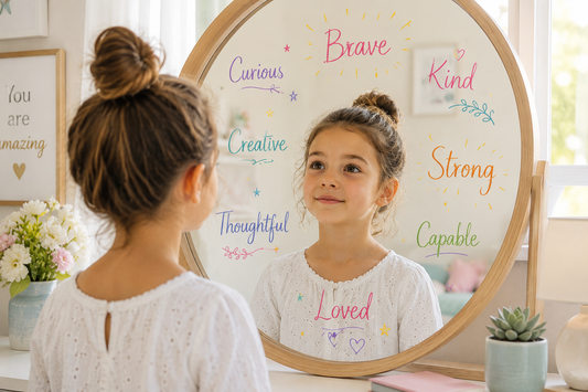 Young girl looking into a mirror with positive affirmations reflecting themes of self-esteem, identity, and confidence.