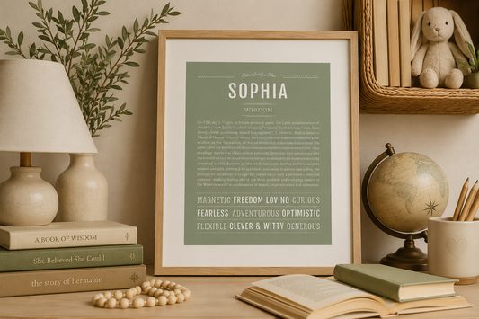 Framed Sophia Name Stories® art print styled in a warm, elegant nursery with books, a globe, soft sage accents, and thoughtful, wisdom-inspired decor.