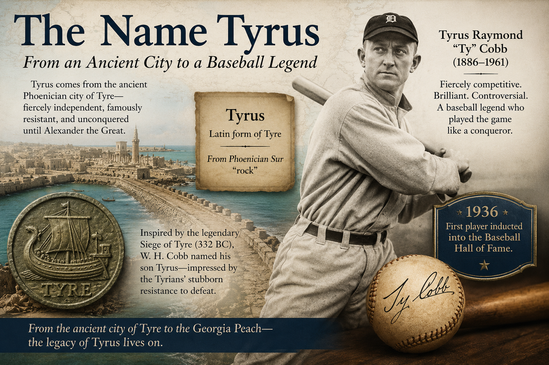 Vintage-style collage featuring baseball legend Ty Cobb beside imagery of the ancient Phoenician city of Tyre, illustrating the historical origin and meaning of the name Tyrus.