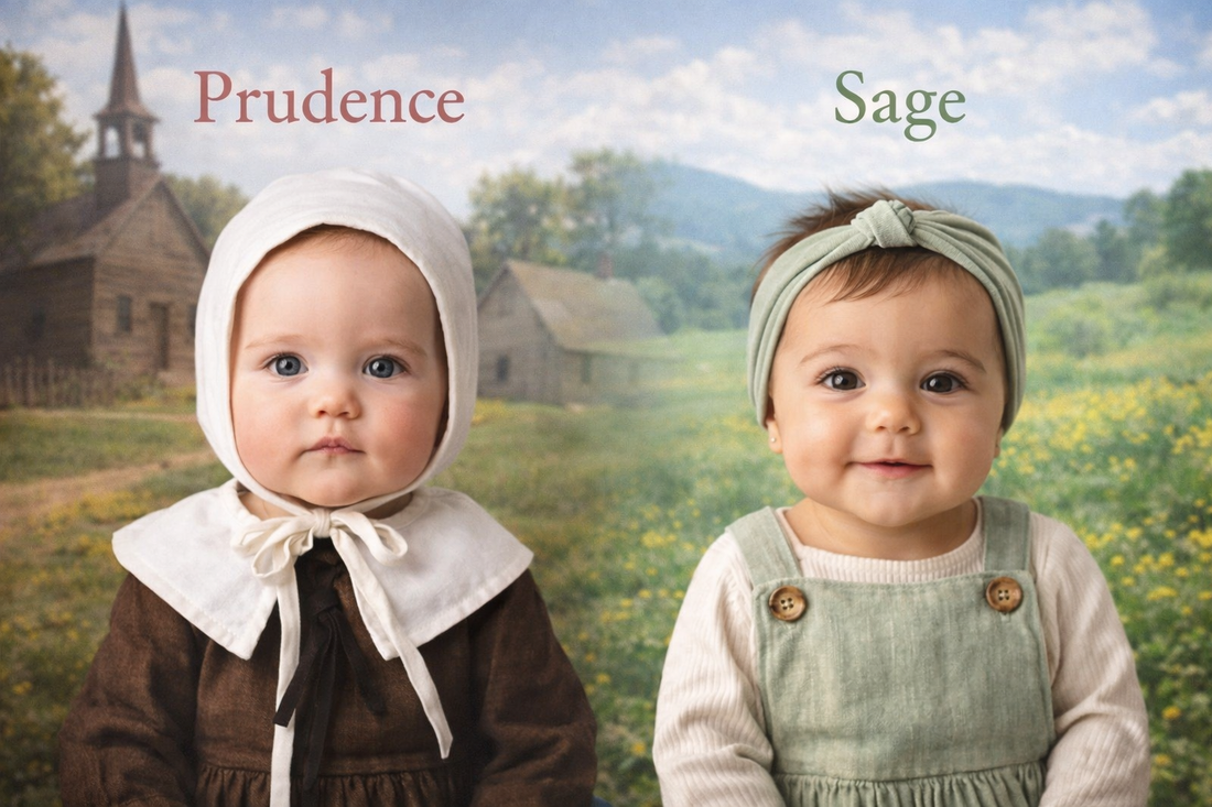 Image of a Puritan baby (Prudence) and Modern Baby (Sage)